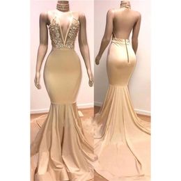 Satin Mermaid Long Prom Halter Dresses Applique Beaded Ruched Sweep Train Evening Gown Plus Size Formal Party Wear Gowns Bc S