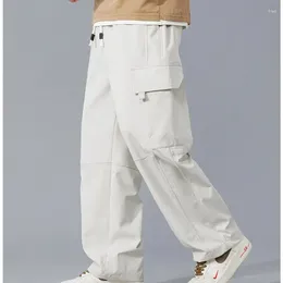 Men's Pants Spring Autumn Solid Colour High Waisted Pockets Elastic Clothing Cargo Sweatpants Straight Trousers Preppy Style