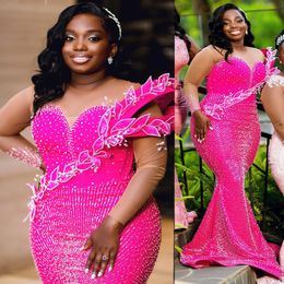 2024 Aso Ebi Fuchsia Florals Mermaid Prom Dress Beaded Crystals Evening Formal Party Second Reception 50th Birthday Engagement Gowns Dresses Robe De Soiree ZJ323