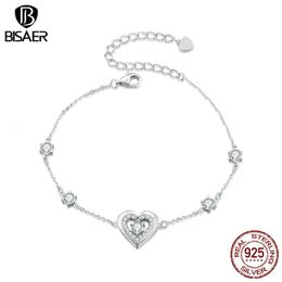 BISAER 100% 925 Sterling Silver Double Heart Bracelet Sparkling Zircon Adjustable Chain Plated Platinum For Women Fine Jewellery 240423