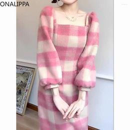 Casual Dresses Onalippa Sweet Contrast Pink Plaid Dress For Women Square Collar Puff Long Sleeves Wool Korean Gentle Wind Midi Vestidos