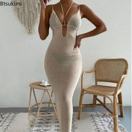 Casual Dresses 2024 Women's Summer Sexy Halter Dress Solid Colour Tie-Up Backless Sleeveless Bodycon Long Knit For Beach Party Vestidos