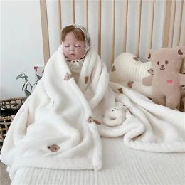 Swaddling Baby Blanket Soft Fleece Cartoon Bear Embroidery Infant Quilt Blanket Newborn Baby Swaddle Sleeping Blanket Stroller Blanket