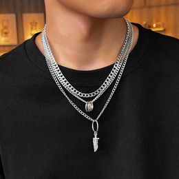 Strands KunJoe 3-piece/set mens metal feather pendant necklace punk silver multi-layer Cuban chain necklace hip-hop jewelry 240424