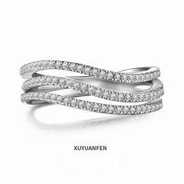 XUYUANFEN Korean Version S925 Sterling Silver Ring with Womens Wave Superimposed Zircon Diamond Design Exquisite and Simple 240424