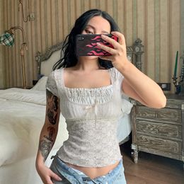 Women Sweet Lace Floral Ruched T-shirt Square Collar Short Sleeve Slim-fit Crop Top Y2K Aesthetic Fairy Grunge Tees Streetwear 240416