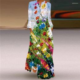 Casual Dresses Fashionable Women's Vintage Spring And Autumn Long Dress Elegant V-neck Sleeve Pocket Printed Loose Fit 5XL