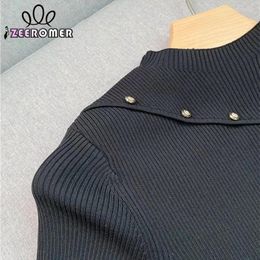 Casual Dresses 2024 Early Autumn French Brand Simple Black Knitted O-Neck Midi Dress Women Commuter Metal Buttons Trim Short-sleeved