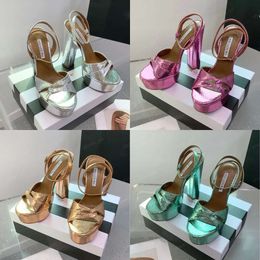 Platform Aquazzura Sandals Chunky Block Peep-toe High Heels Ankle Strap Heeled Gold Sier Pumps14cm Designer Women Wedding Shoes with Box Original Quality