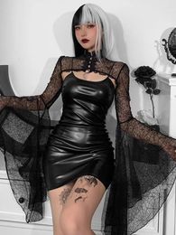 Casual Dresses Gothic Punk Balck Faux Leather 2Pcs Dress Vintage Flare Sleeve Crop Tops Women Sexy Backless Bodycon Nightclub