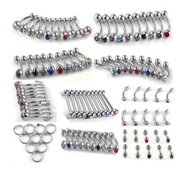 100pcs Set Punk Stainless Steel Crystal Tongue Belly Lip Eyebrow Nose Barbell Rings Body Piercing Jewellery 10 Styles Accessories2486577
