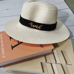 Personalised Embroidered Name Boater Hat Summer Sun Wide Brim Embroidery Ladies Custom Monogram Straw Fedora 240423