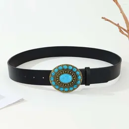 Belts Metal Buckle PU Leather Belt Ethnic Style Blue Stone Korean Waistband All-match Beaded Wide Side Waist Ladies/Girls