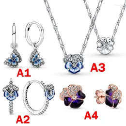 Chains 2024 Spring 925 Silver High Quality Blue Pansy Flower Butterfly Hoop Earrings Necklace Set Original Women's Jewelry
