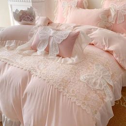 Bedding Sets Romantic Princess Style Ruffle Lace Butterfly Duvet Cover Luxury Solid Color Wedding Bedclothes For Girls 200x230cm