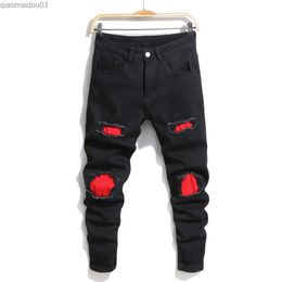 Men's Jeans Fashion hole patch elastic tight fitting mens jeans Trouser black womens polyester cotton casual black denim pantsL2404