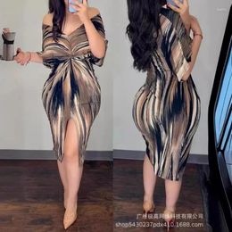 Casual Dresses 2024 Spring Summer Dress Women's Sexy Slim Print High Waist Slit Women Fashion Short Sleeve V-neck Off-Shoulder