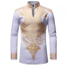 New designer Ethnic Clothing Shirts Men African Clothes Africa Dashiki Print Suit Long Sleeve Rich Bazin Fabric V-neck Cotton Casual Tops Lace Fashion Ro