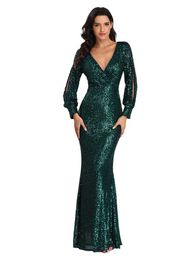 Runway Dresses Plus Size Long-slved V-neck Sequined Fishtail Evening Dress for Women Prom Formal Dress Women Elegant Grn Long Dress Gown Y240426