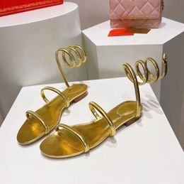 Gold Sandals Luxury Designer rene caovilla Stiletto heel womens shoes Crystal Rhinestone twining foot ring 10CM high heeled narrow band Sandal 35-43 with box bag 0068