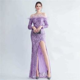 Runway Dresses YIDINGZS Off Shoulder Feather Sequin Dress Full Slve Evening Night Long Party Maxi Dress Y240426OPK4