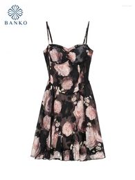 Casual Dresses Women Print Floral Dress Sleeveless Fashion Beach Sweet Vacation Spaghetti Strap Black A-Line Gothic Y2K Streetwear