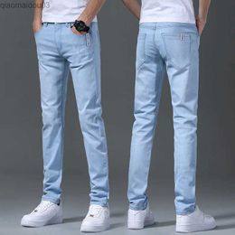 Mens Jeans Mens business casual straight narrow leg jeans light blue gray elastic retro denim pants street clothing ultrathin suitable for highquality TrousersL2