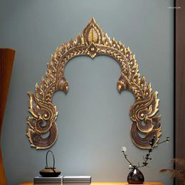 Decorative Figurines Thai Handmade Wood Carving Wall Hanging Living Room Corridor Pendant Gold Lacquer Handicraft Background Decoration