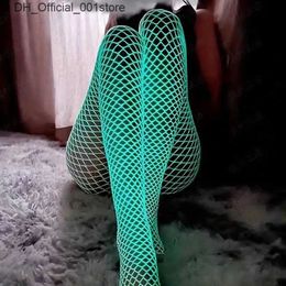 Sexy Set Night Fluorescent Womens Long Socks Fishnet Body Stockings Curve Lingerie Y2k Mesh Fabric High Waist Sex Tights Bodysuits Q240426