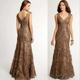 Lace Of Bride Dresses Long Mother The Elegant V-Neck Sleeveless Brown Appliqued Beaded Mermaid Wedding Party Gowns For Women Groom Mom Prom Evening Wear