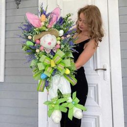Decorative Flowers Wreaths 2023 Easter Bunny Wreath Colourful Door Wall Oranments Happy Easter Rabbit Home Party Creative Garland F9024344