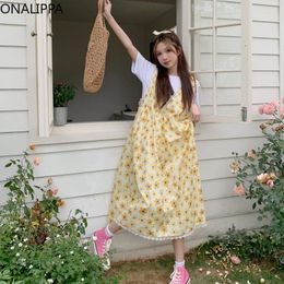 Casual Dresses Onalippa Lace Yellow Flower Summer Dress V Neck Sleeveless High Waist A Line Korean Chic Design Loose Vestidos Women