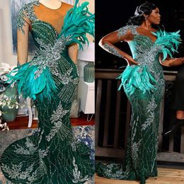 2024 Aso Ebi Dark Green Mermaid Prom Dress Feather Crystals Lace Evening Formal Party Second Reception 50th Birthday Engagement Gowns Dresses Robe De Soiree ZJ325