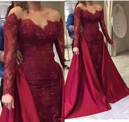 Burgundy Mermaid Evening Dresses With overskirt detachable train Sheer Neck Sequins Long Sleeves Prom Dress Satin And Lace Party8250863