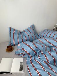 Pillow New 100% Cotton Blue Bedding Set Luxury Simple Striped Bed Sheet Quilt Cover Pillow Case Bed Hat Fashion Design 2.0m/1.2m Bed