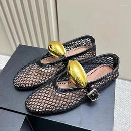 Dress Shoes Women Fishnet Round Toe Sandals Ladies Causal Breathable Pumps Girls Middle Metal Buckle Strap Flat Mesh