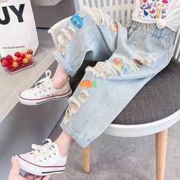 Clothing Sets Korean 2024 Children Girl Clothes Set Cotton Printed Short Sleeve Tee Carrot Hole Elastic Waist Denim Pant Baby Suit