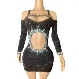 Stage Wear Sparkly Rhinestones Black Sequins Hollow Out Off-Shoulder Short Dress For Women Evening Party Performance Costume Singer