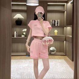 two piece set tracksuit women pink miumi clothes Minimalist casual letter diamond short Tshirt lazy shorts set