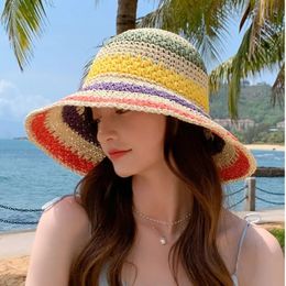 100%Raffia rainbow Girl Sun Hat Wide Brim Floppy Summer Hats For Women Beach Panama Straw Dome Bucket Hat Femme Shade Hat 240410