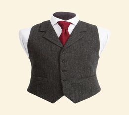 2019 Vintage Black Wool Tweed Vests Slim Mens Suit Vests Custom Made Sleeveless Suit Jacket Men Wedding Waistcoat Mens Dress Vest 3748043