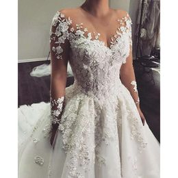 Sheer Line Long Romantic A Lace Dress Floral Sleeve Pearls Pärlade brudklänningar Applikationer Elegant brud Elfenben Tulle Country Wedding Dresses Robe de Maiage Ppliques Es