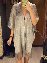 2024 Sexy Fringe Women Tassel Mesh Sheer Shiny Knitted Tunic Beach Cover Up Coverups Dress Wear Beachwear Female 240417