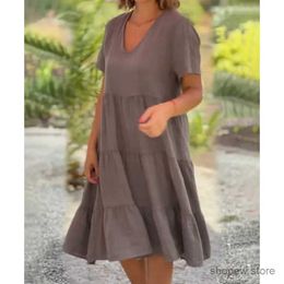 Basic Casual Dresses Comfortable and casual cotton and linen 2024 summer new womens fresh and sweet V-neck solid Colour large swing casual dressS-5XL