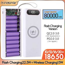 Cell Phone Power Banks New detachable 10/12/16/20 18650 battery pack housing flash charging 22.5W QC3.0 PD3.0 C-type wireless 15W charging storage box 240424