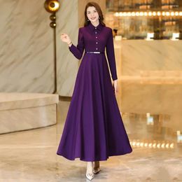 Casual Dresses Women Spring Autumn Purple Shirt Dress Fashion Turn-down Collar Long Sleeve Overlength Slim Elegant Simplicity