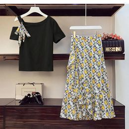 Work Dresses Women's Summer Casual Set Flower Print Ruffle Edge Decoration Loose A-line Half Skirt Off Shoulder Design T-shirt Top Two-Piece