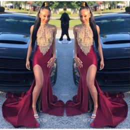 Black Girls Satin Halter Mermaid Long Prom Dresses Gold Lace Applique Split Sweep Train Party Evening Gowns Bc