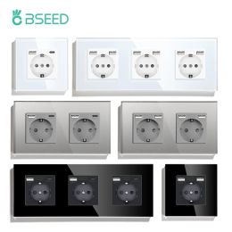 Controls Bseed Single Wall Eu Socket with Usb Typec Interfaces 2.1a Double Power Outlets Triple Electric Sockets 16a Glass Panel