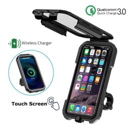 Chargers Waterproof Case Bag 12V Motorcycle Phone Holder Handlebar Rear View Mirror Wireless Charger 15W Qi/ Type C Fast Charging Mount